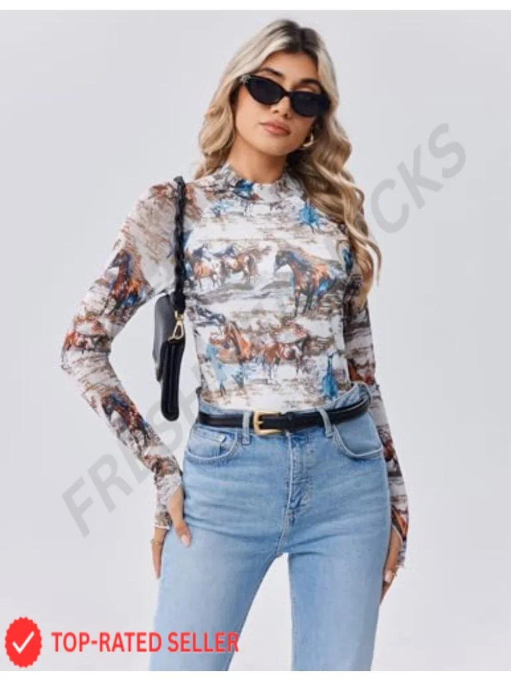 Women's Long Sleeve Floral Mesh Sheer Top Mock Neck Double Lined Fitted Blouse - Picture 2 of 6